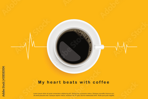 Black coffee in white cup on yellow background. design for poster advertisement flyer Vector Illustration photo