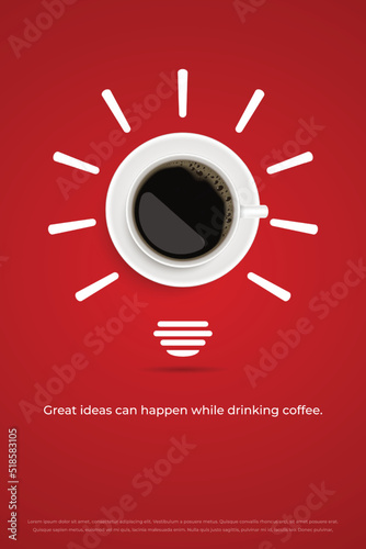 Black coffee in white cup on red background poster advertisement flyer Vector Illustration