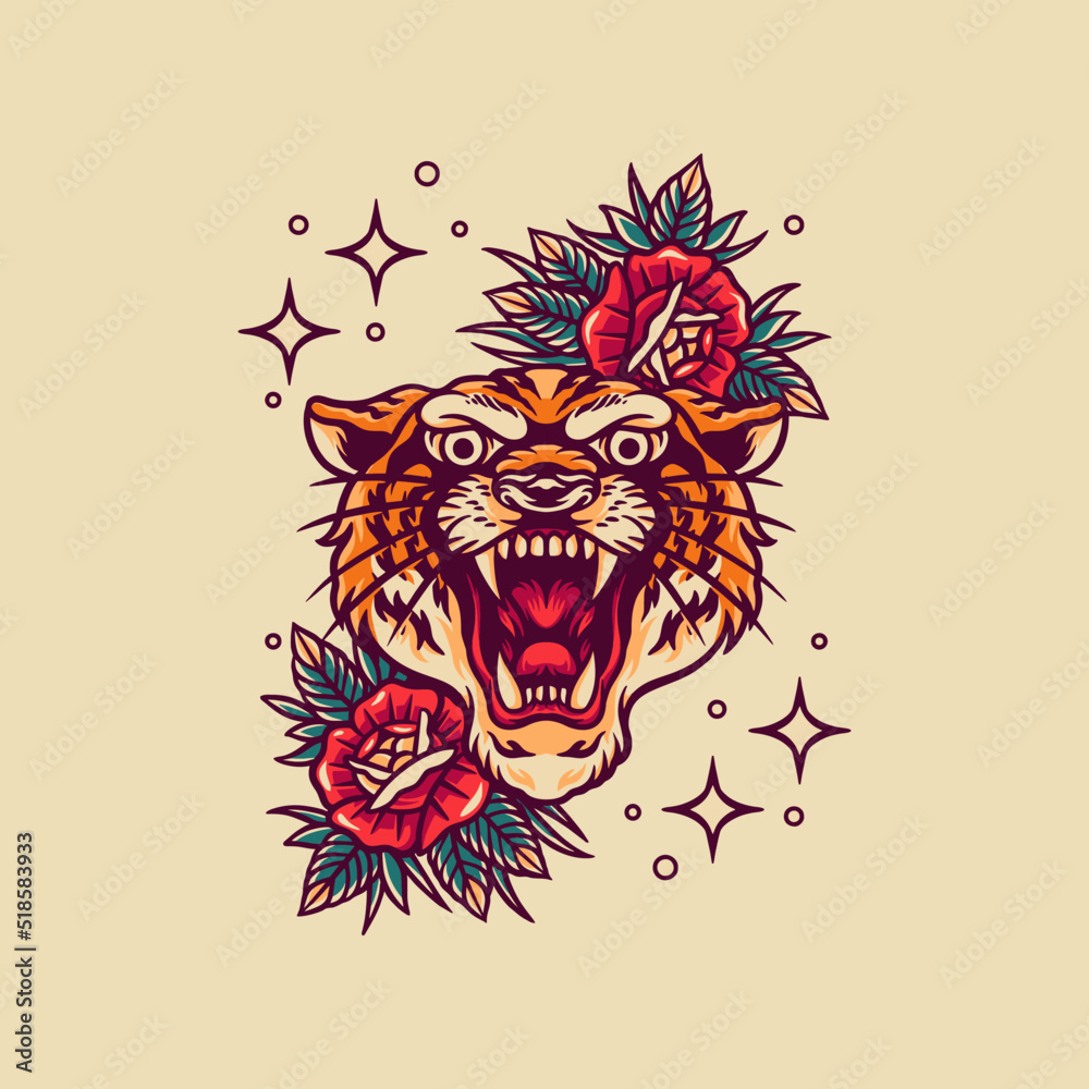 Tiger And Roses Retro Illustration