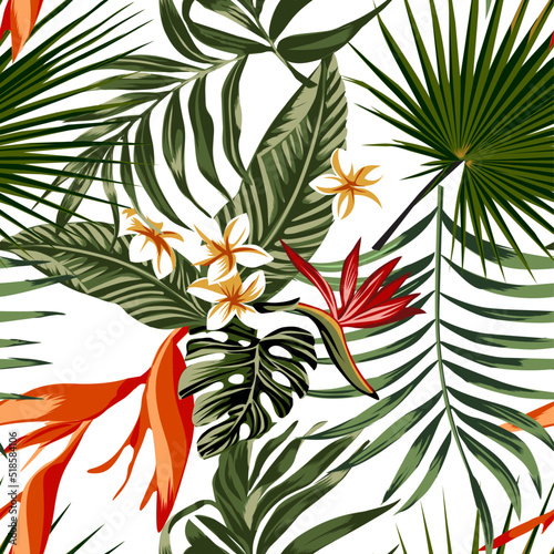 Tropical flowers with Black Background, spring summer vibes,  Beach cheerful seamless pattern wallpaper of tropical dark green leaves of palm trees and flowers 
