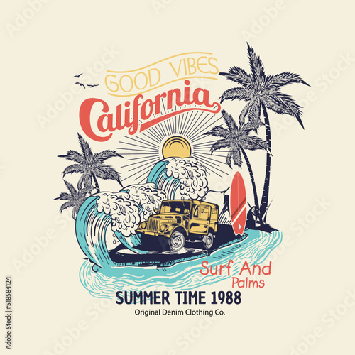 summer time surf and palms in California, tee print vector design with texture and palms drawn, tropical sunset. surf and beach. vintage beach print. tee graphic design.