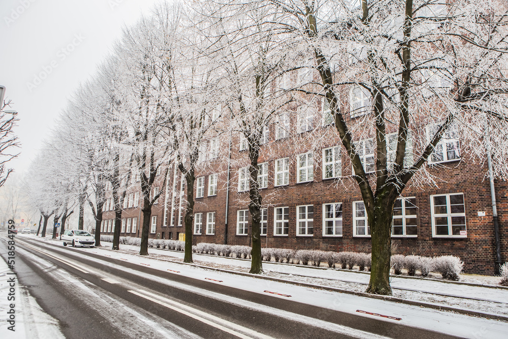 Ośnieżona droga zimą pośród budynków,drzewa