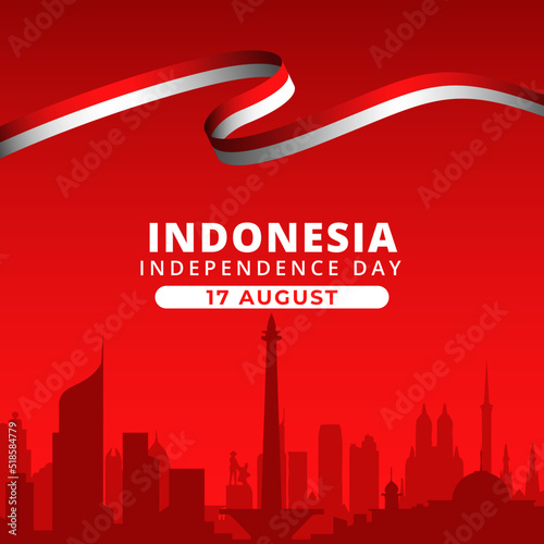 Indonesia independence day 17 august with landmark city Jakarta and ribbon flag vector illustration