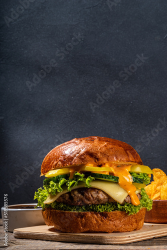Tasty homemade burger. Set of tasty cheeseburger,  beef and ham burger with fresh vegetables, mouth-watering delicious sauce, on dark wooden background copy space