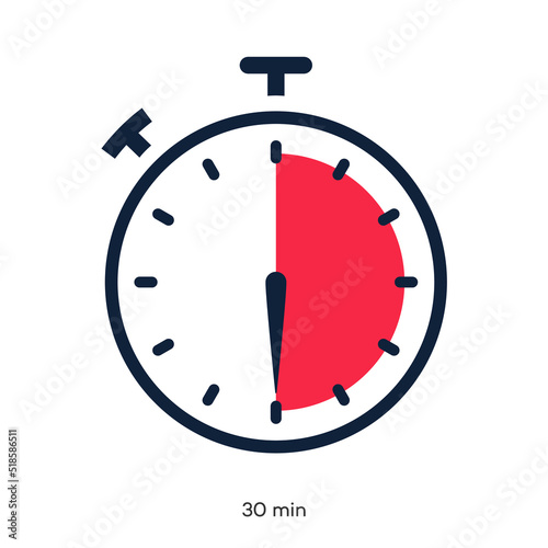 Timer 30 minutes symbol color style isolated on white background. Clock, stopwatch, cooking time label, sport icon. Vector 10 eps