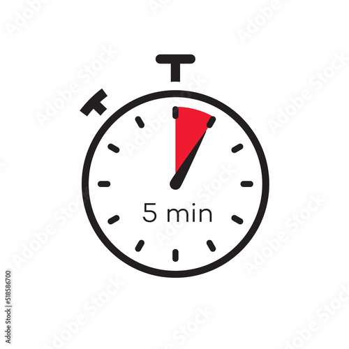 5 minutes timer vector symbol color style isolated on white background. Clock, stopwatch, cooking time label. 10 eps