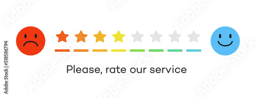 Feedback scale rating stars concept, satisfaction rating level, review and evaluation of service or good, pain measurement scale. Vector Illustration 10 eps