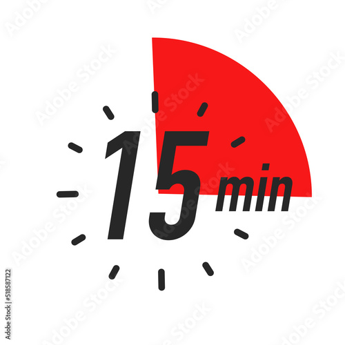 15 timer minutes symbol color style isolated on white background. Clock, stopwatch, cooking time label. Vector 10 eps