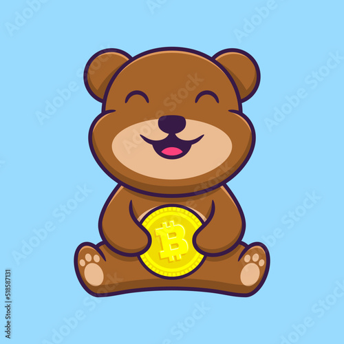 Cute Bear Holding Bitcoin Cartoon Vector Icon Illustration. Animal Character Mascot Flat Concept.