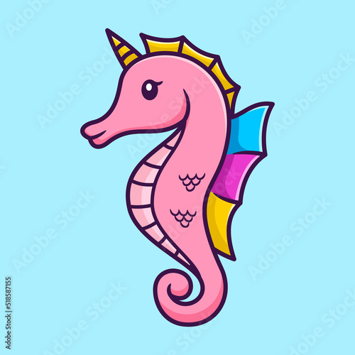 Vector Illustration of Cute Sea Horse as a Unicorn Mode with Pink an colorful in Cartoon Flat Style