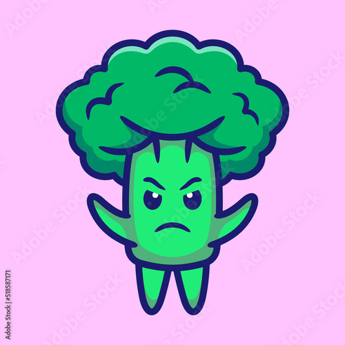 Vector Illustration of Cute Broccoli with Angry Face and Green Color in Cartoon Flat Style
