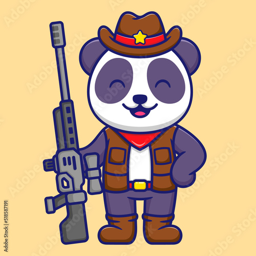 Vector Illustration of Cute Panda as a Cowboy Holding Sniper Weapon in Cartoon Flat Style