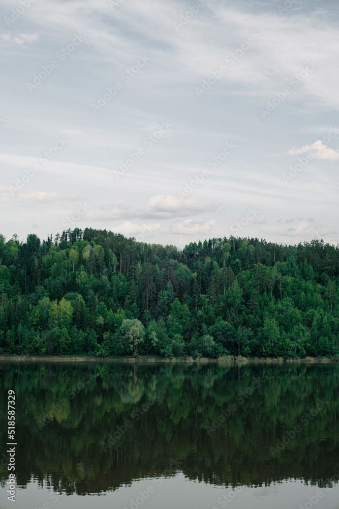 Obraz premium Green mixed forest by the lake in the reflection of the water. Calm natural landscape