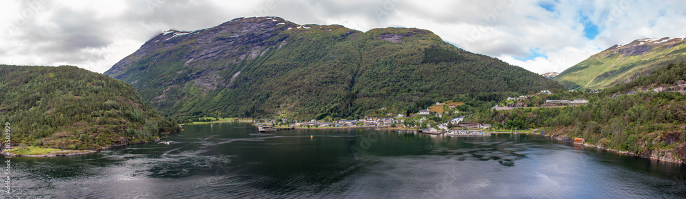 Fototapeta premium Hellesylt panorama view Møre og Romsdal at Sunnylvsfjorden near Geirangerfjorden in Norway (Norwegen, Norge or Noreg)