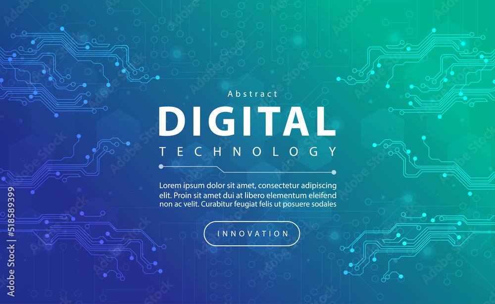 Digital technology banner blue green background concept with technology light effect, abstract tech, innovation future data, internet network, Ai big data, lines dots connection, illustration vector - obrazy, fototapety, plakaty 
