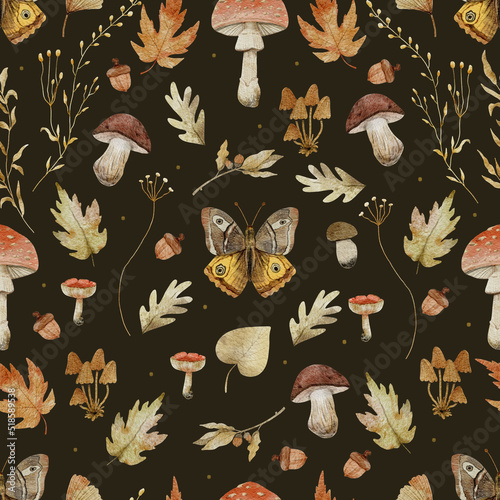 Watercolor seamless pattern with butterflies, autumn leaves, branches and mushrooms on dark background