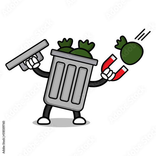 Illustration of recycle bin cartoon character with magnet and garbage bags.