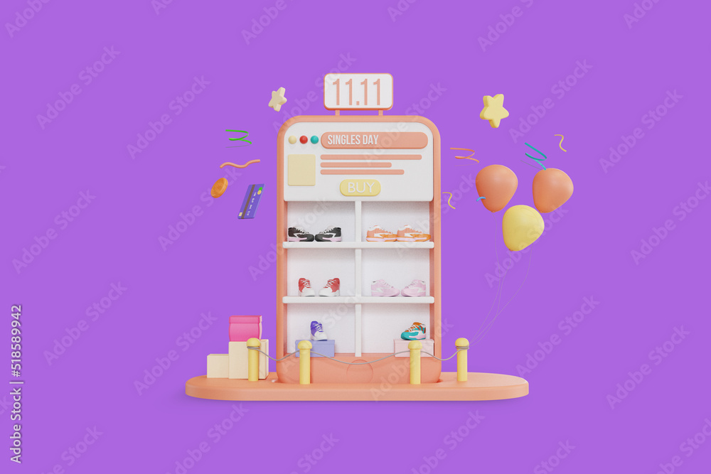 Online shopping store with mobile, balloon, shoes abd bag. 3d rendering
