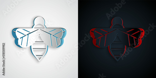 Paper cut Bee icon isolated on grey and black background. Sweet natural food. Honeybee or apis with wings symbol. Flying insect. Paper art style. Vector