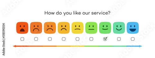 Satisfaction rating service level concept, feedback emoji vector, review and evaluation of service or good, pain measurement scale. Vector Illustration 10 eps