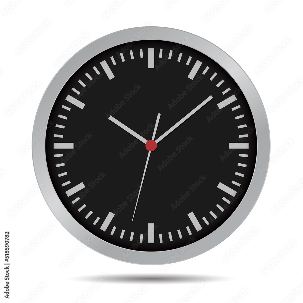 Flat design illustration of a dark wall clock. Circular clock face with minute, hour and second hand, vector Flat design illustration of a dark wall clock. Circular clock face with minute, hour and second hand, vector