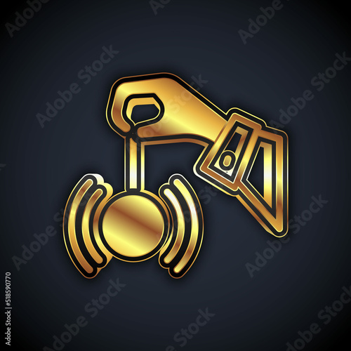 Gold Hypnosis icon isolated on black background. Human eye with spiral hypnotic iris. Vector