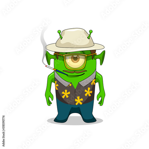cartoon funny childish hunter thompson alien with hat vector illustration. Vector illustration