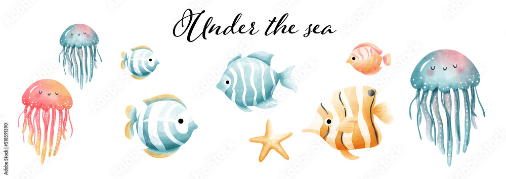 Jellyfish and fish banner, under the sea. Vector illustration Jellyfish and fish banner, under the sea. Vector illustration