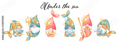 Mermaid gnome banner, mermaid gnome. Vector illustration