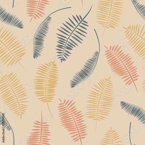 Botanical seamless pattern with palm leaves in muted colors. Tropical background in modern simple boho style in perfect for textile, cards, scrapbooking, wrapping paper for kids and adults
