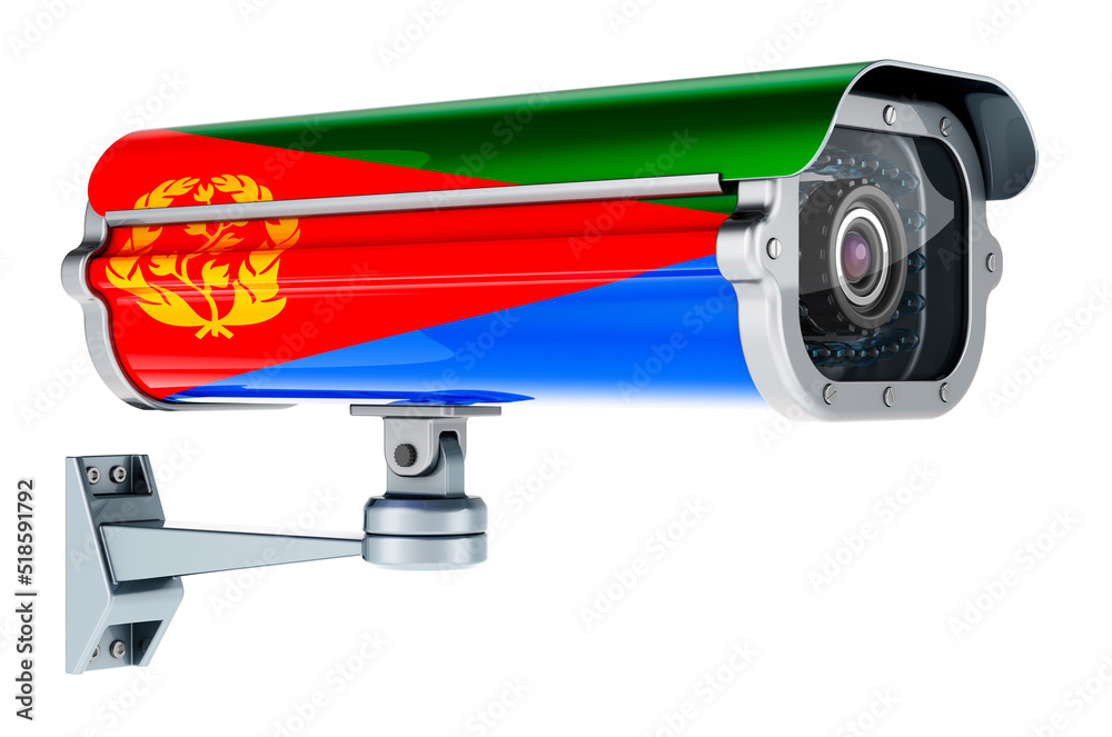 Surveillance camera with Eritrean flag. 3D rendering Surveillance camera with Eritrean flag. 3D rendering
