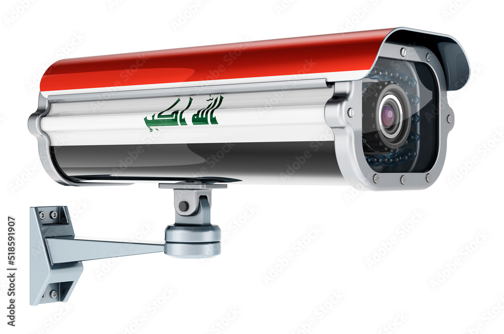 Surveillance camera with Iraqi flag. 3D rendering Surveillance camera with Iraqi flag. 3D rendering