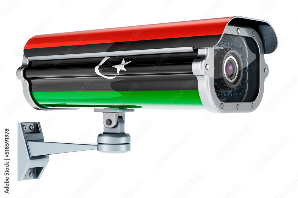 Surveillance camera with Libyan flag. 3D rendering Surveillance camera with Libyan flag. 3D rendering