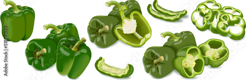 Set of bell peppers for banners, social media. Whole, half, sliced and wedges capsicum. Green pepper, sweet bell pepper. Fresh organic vegetables. Vector illustration isolated on white background.