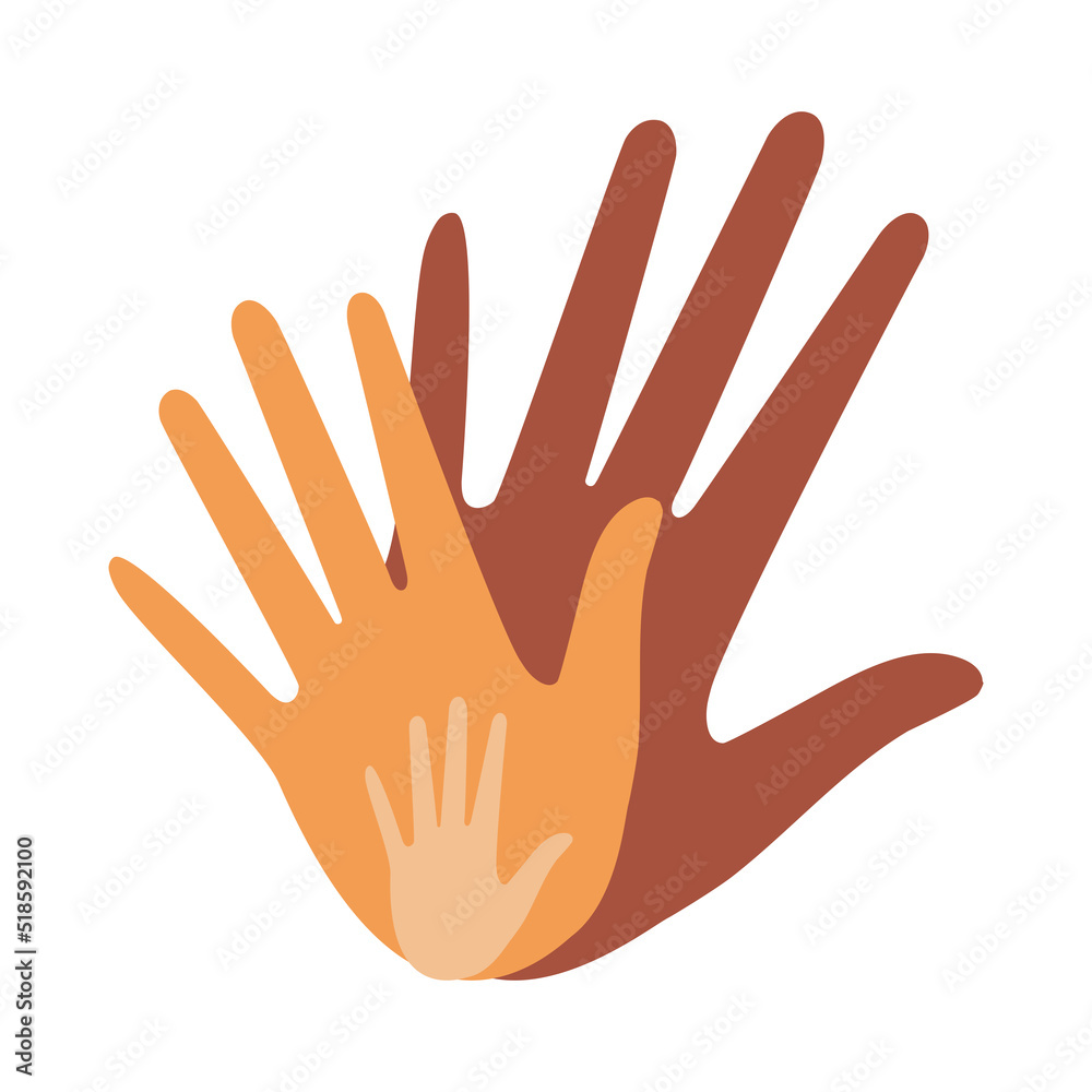 Obraz premium The hands of a family of parents and a child are located on a white background. Loving hands together. 