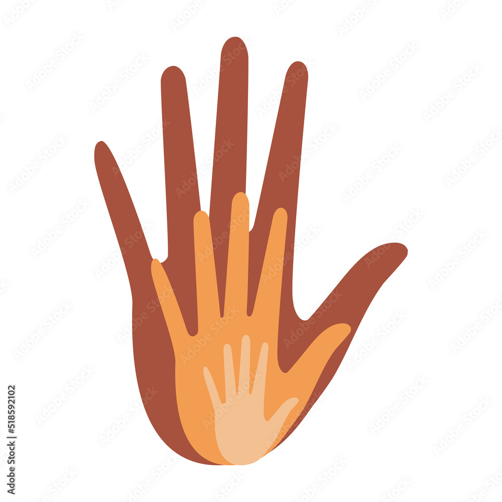 Obraz premium The hands of a family of parents and a child are located on a white background. Loving hands together. 