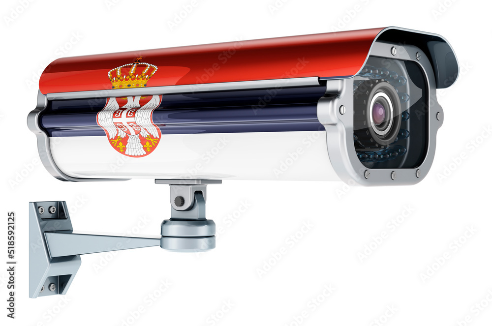 Surveillance camera with Serbian flag. 3D rendering Surveillance camera with Serbian flag. 3D rendering