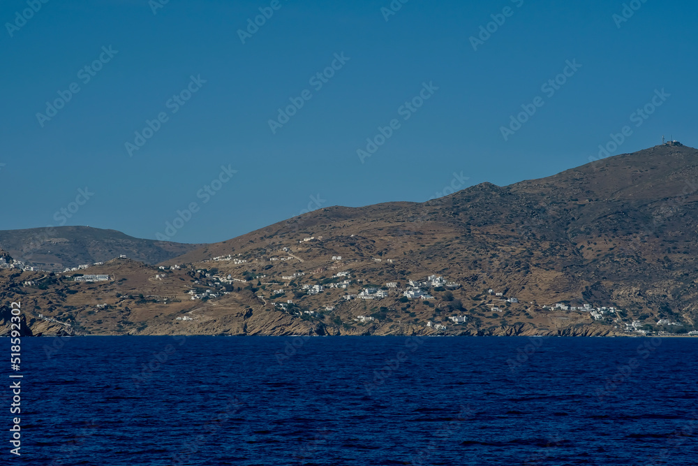 Panoramic view of the area between Mylopotas beach and the village of Ios Greece from a distance.