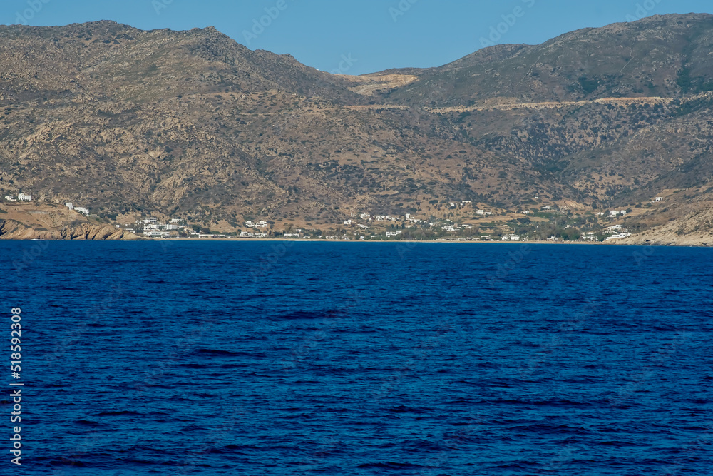 Panoramic view of the Mylopotas beach in Ios Greece from a distance