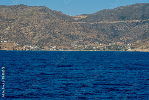Panoramic view of the Mylopotas beach in Ios Greece from a distance