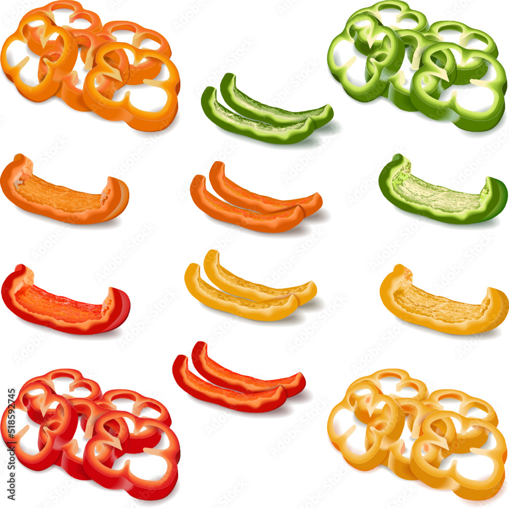 Three each red, green, yellow, and orange bell peppers for banners, flyers, posters, social media. Slices and wedges of sweet bell peppers. Vegetables. Vector illustration isolated on white background Three each red, green, yellow, and orange bell peppers for banners, flyers, posters, social media. Slices and wedges of sweet bell peppers. Vegetables. Vector illustration isolated on white background