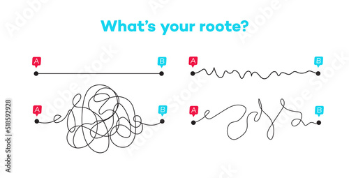 Different ways from point from A to B-easy, simple, chaos. Business metaphor. Searching solution problem concept. Vector illustration 10 eps