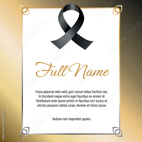 funeral card template with black ribbon and golden background
