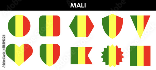 Mali flag in different shapes. Mali colors emblem set.