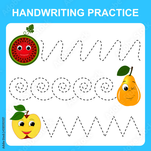 Handwriting practice sheet. Basic letter. Educational game for children. Cartoon fruits. Line tracing, spiral and zigzag. Vector illustration