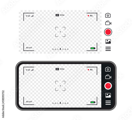 Viewfinder record frame mobile phone camera concept. Screen photography frame for video, snapshot photography, focusing screen. Cinematic view. Vector 10 eps