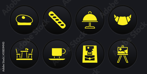 Set French cafe, Croissant, Coffee cup, Handbag, Covered with tray, baguette bread, Easel or painting art boards and beret icon. Vector