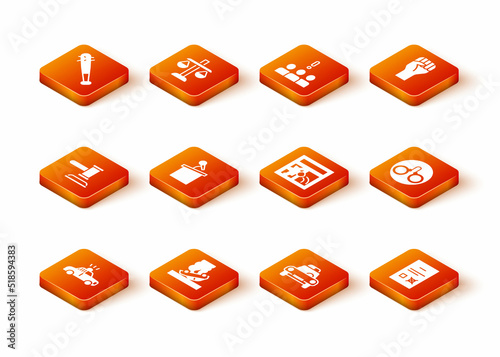Set Police car and flasher, Burning, Judge gavel, Stage stand or tribune, Broken window, Poll document and Handcuffs icon. Vector