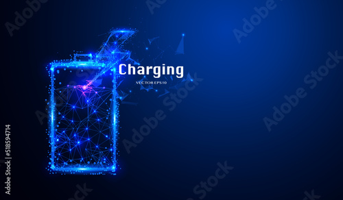 Abstract low poly alkaline battery charging electric vector. Polygon particle and dot line connection with energy charge system illustration concept background.