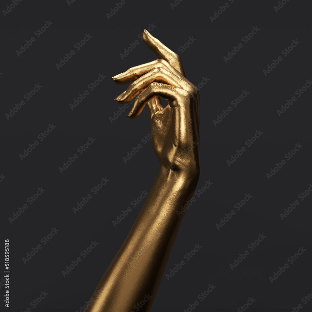 3d rendering abstract touching golden arm. Beautiful female gold hand relaxed gesture 3d rendering abstract touching golden arm. Beautiful female gold hand relaxed gesture
